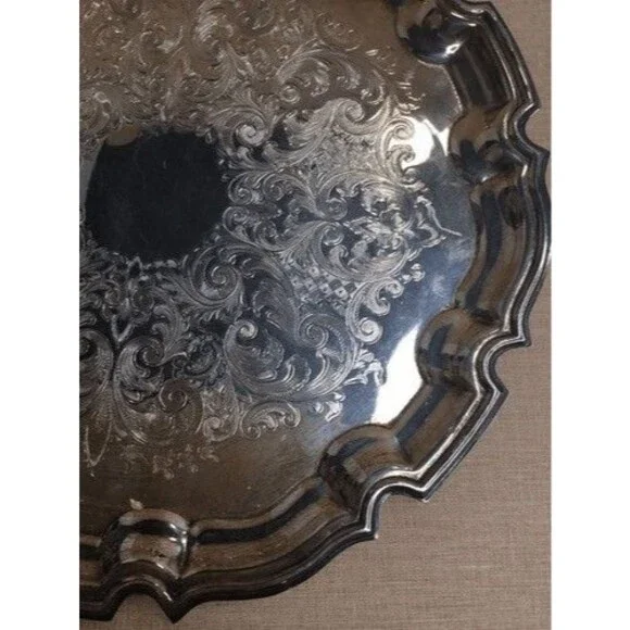 Vintage Frank Hawker England Crafton Round Silver Plate Tray w Stepped Edges 10